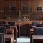 Table and chair in the courtroom of the judiciary.