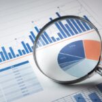 Magnifying glass and business growth graph / financial  graph on paper.