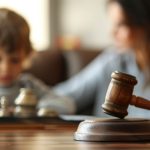 Close up of a legal judges hammer with a blurred child in the background. Child custody concept.