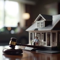 A Gavel, House, and Car Models are Symbolizing the Legal Complexities of Family Separation. A blurred child silhouette emphasizes the emotional impacts on dependents. An effective Marital Property