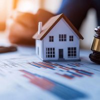 A small house model on investment paperwork, accompanied by a gavel, a pen, and a property map, highlighting the legal intricacies of real estate planning.